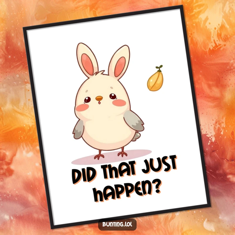 Funny Bunting Poster illustrating a bird looking surprised as a seed floats by, ideal for humorous decor.