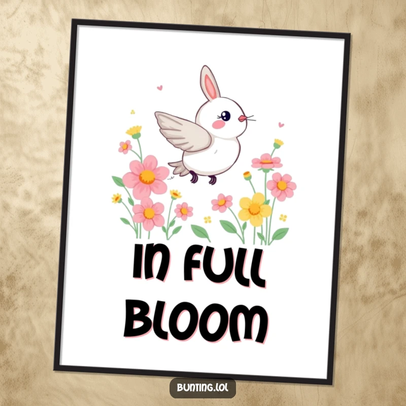 Funny Bunting Poster illustrating a bird zipping excitedly through colorful flowers, ideal for vibrant wall decor.