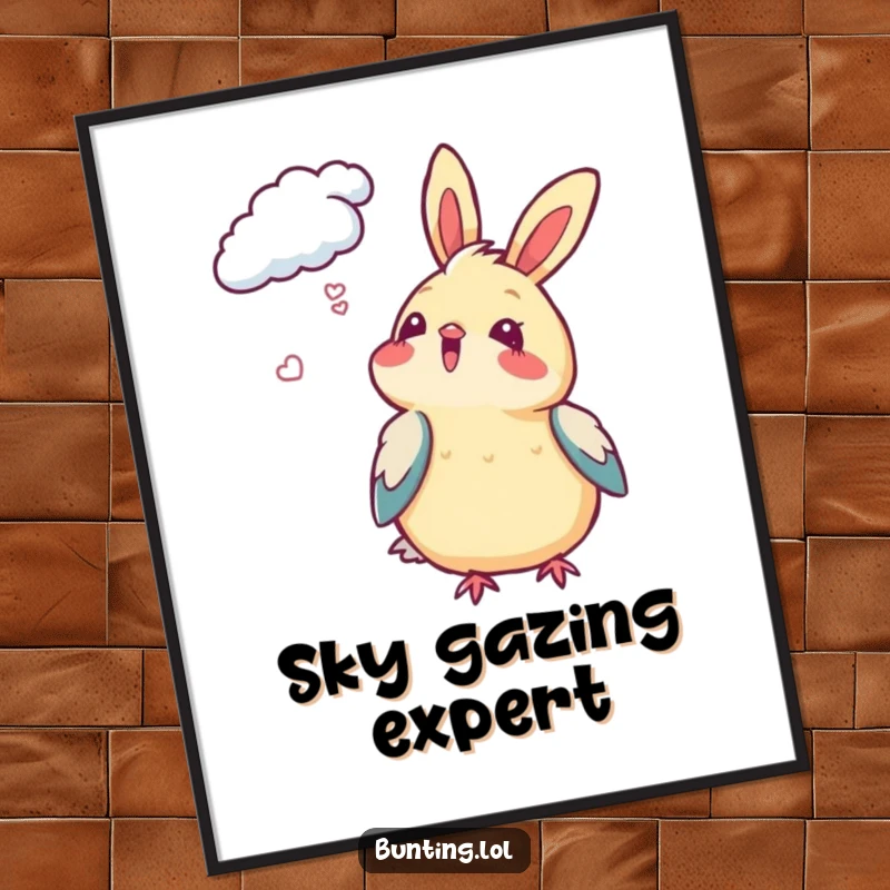 Funny Bunting Poster depicting a bird looking up at clouds with pure delight, capturing a moment of blissful daydreaming.