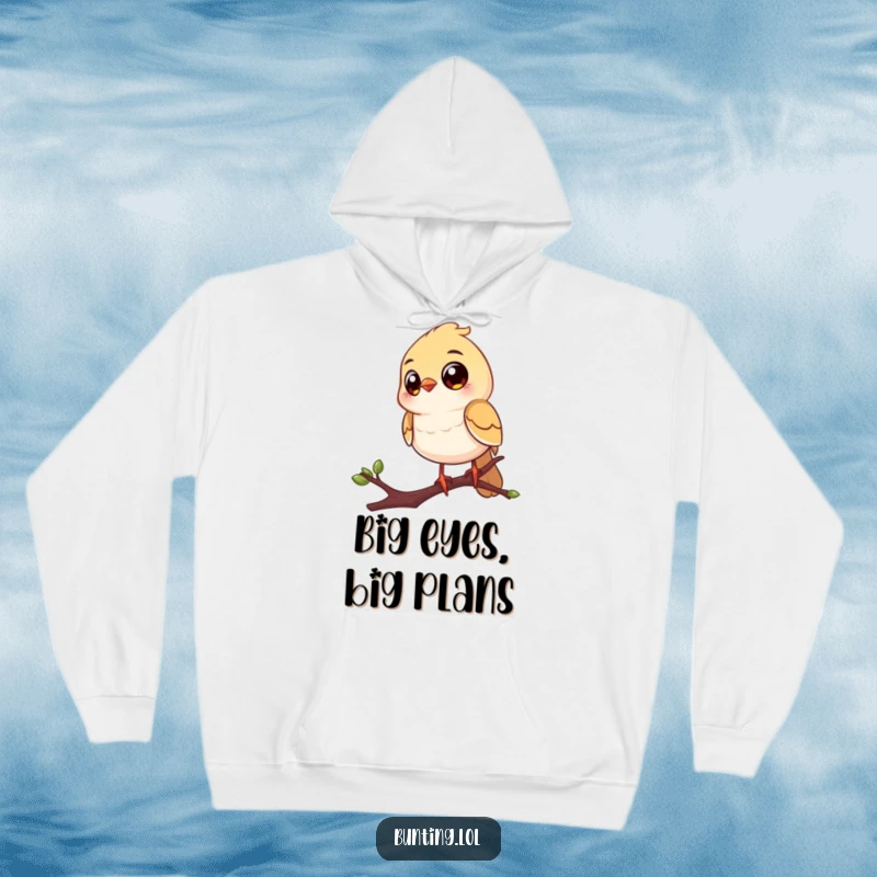 Funny hoodie featuring a cheerful bird with oversized eyes, perched on a twig, observing everything with a humorous and engaging look.