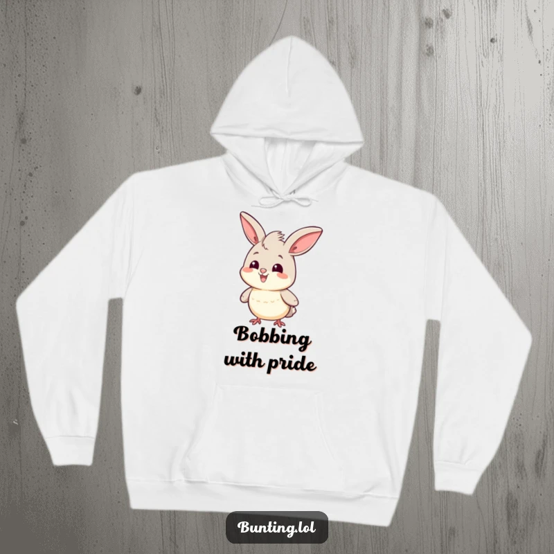 Funny Hoodie depicting a cute bunting character doing a proud and happy head bob, exuding self-assurance.