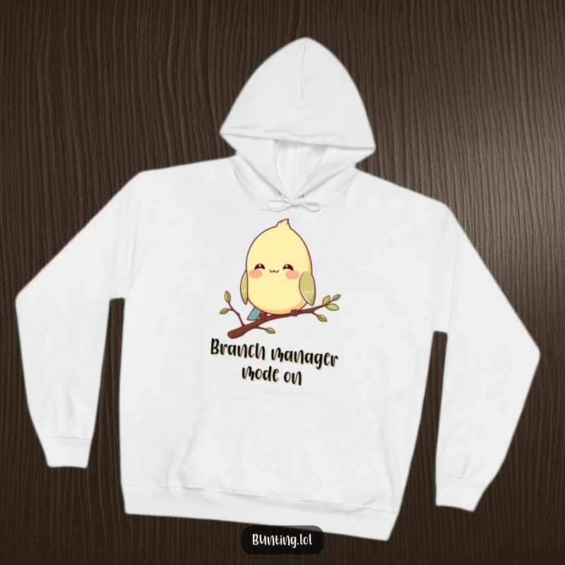 Funny bunting bird hoodie with a character perched contentedly on a branch, smiling peacefully.