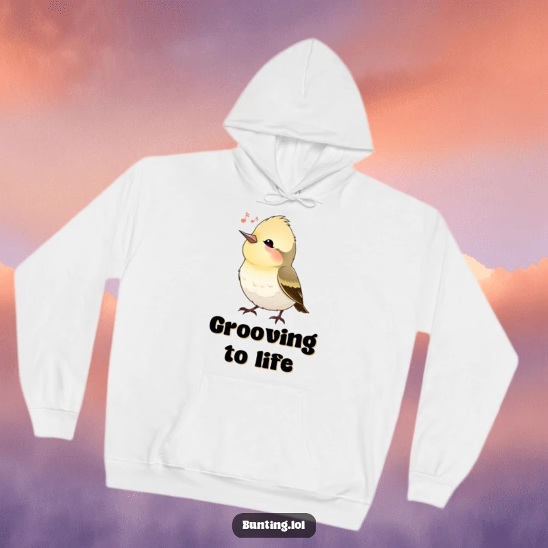Funny bunting bird hoodie showcasing a bird tilting its head, appearing to listen, perfect for cozy, serene wear and gift-giving.