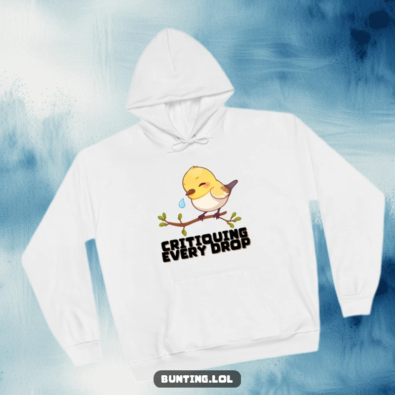Funny Bunting Hoodie featuring a cute bird focused on pecking a dewdrop, offering warmth and whimsical charm.