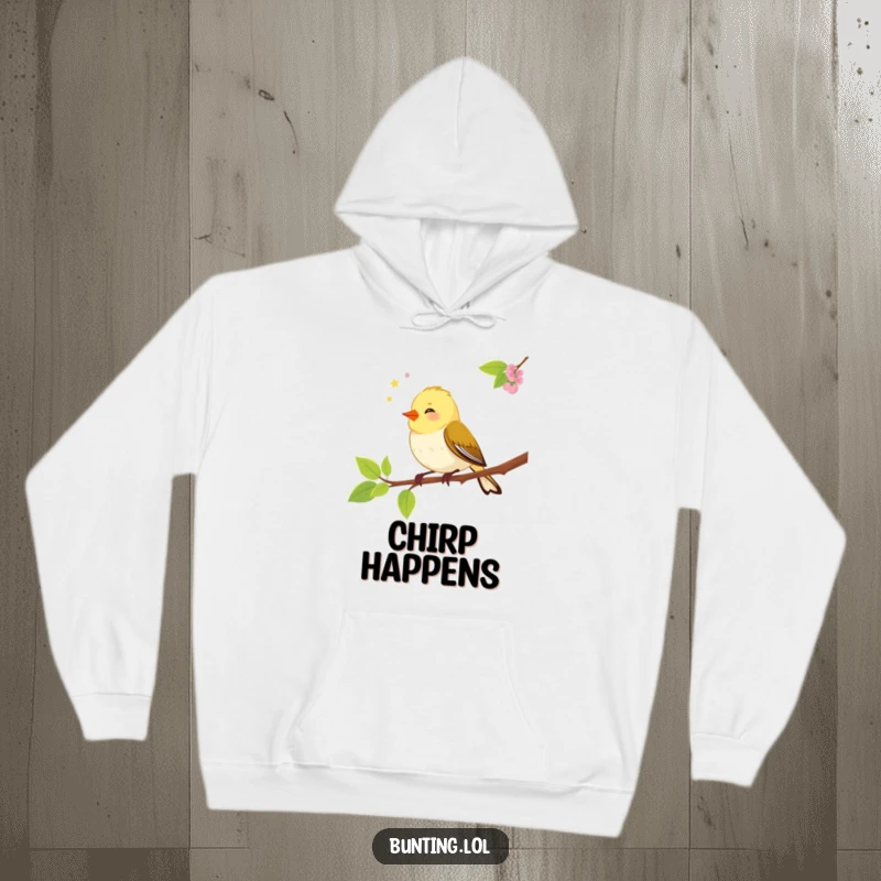 Funny bunting bird hoodie depicting a songbird chirping happily on a branch, offering warmth and a humorous touch.