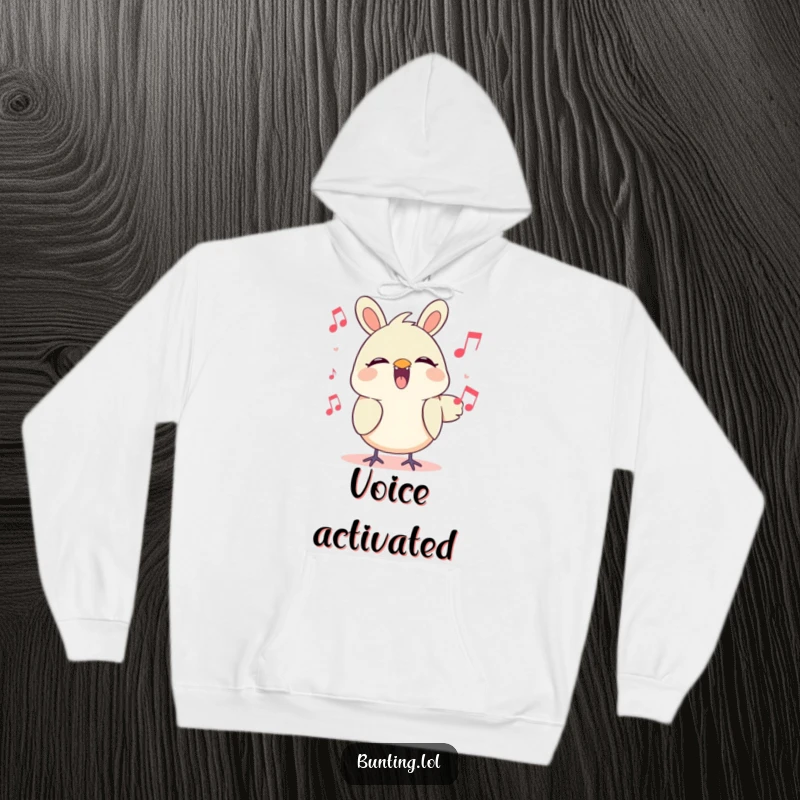 Funny Hoodie depicting a cute bunting character enthusiastically singing a beautiful melodic tune, radiating pure happiness.