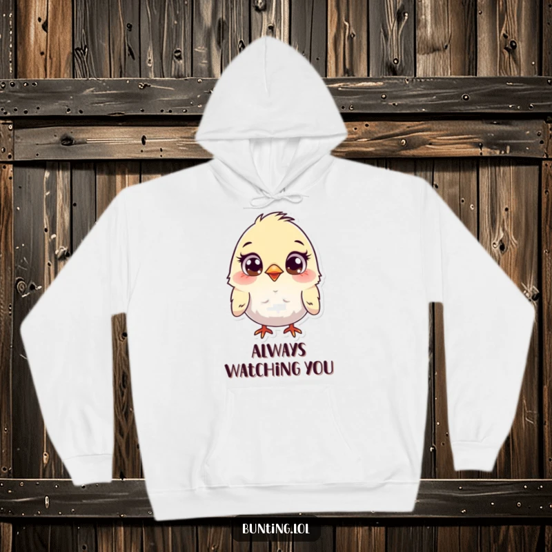 Funny Bunting Hoodie with a cute bird character displaying wide, curious eyes, perfect for a cozy and humorous gift for bird lovers.