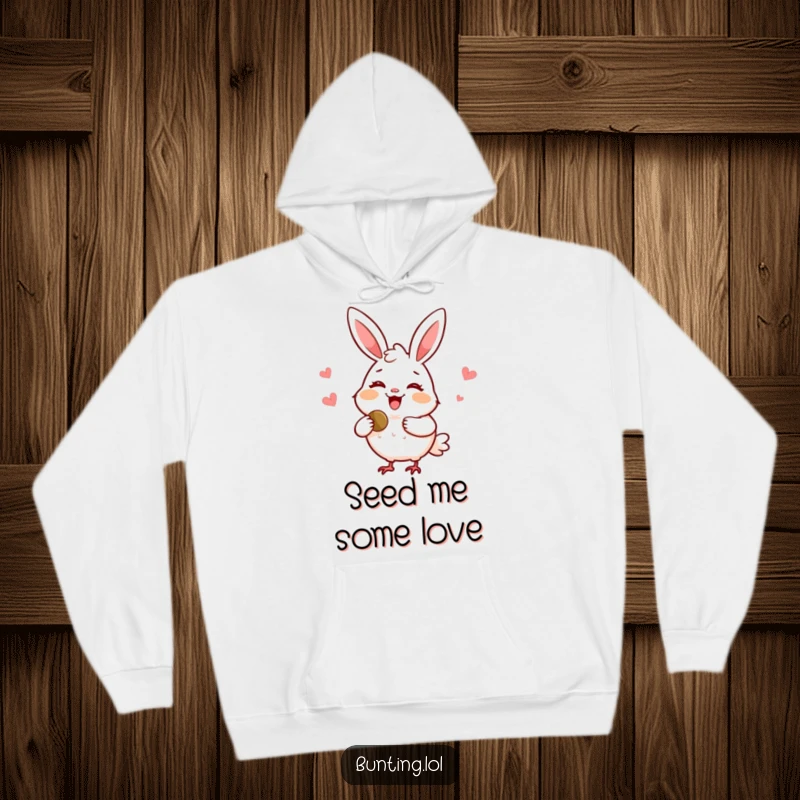 Funny bunting hoodie showing a delighted bird with a friendly smile sharing a tasty seed, perfect for cozy kindness.
