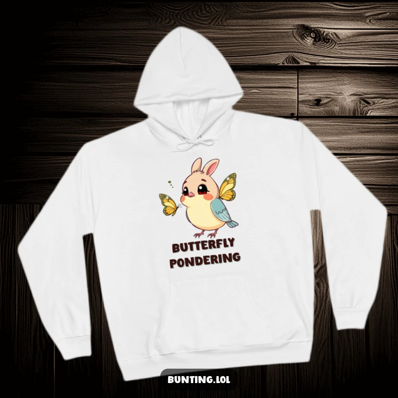 Funny bunting hoodie showing a curious bird tilting its head at a butterfly, perfect for cozy contemplation.