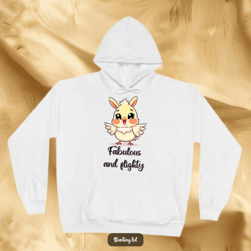 Funny Bunting Hoodie featuring an excited bird fluffing its feathers, embodying pure joy and comfort.