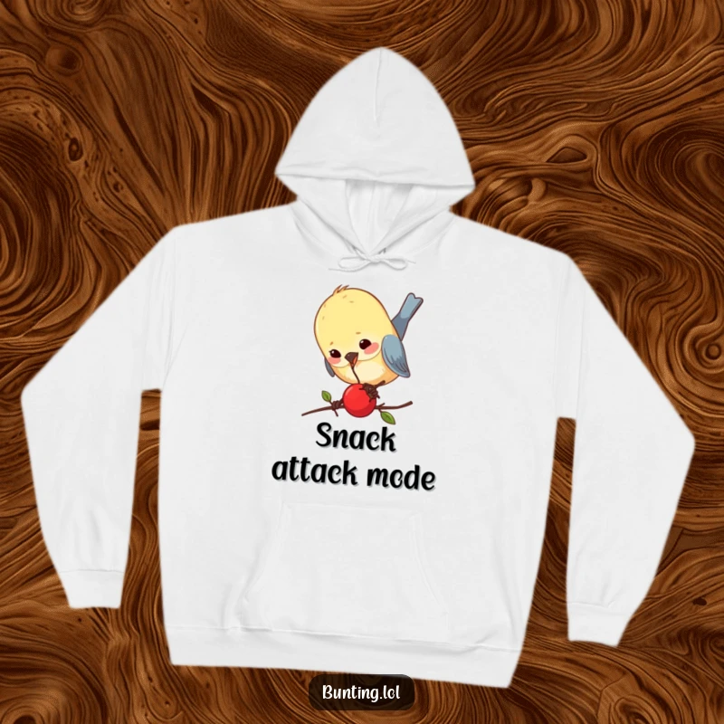 Funny bunting hoodie showing a determined bird comically pecking an impossibly small berry, radiating a humorous, focused energy.