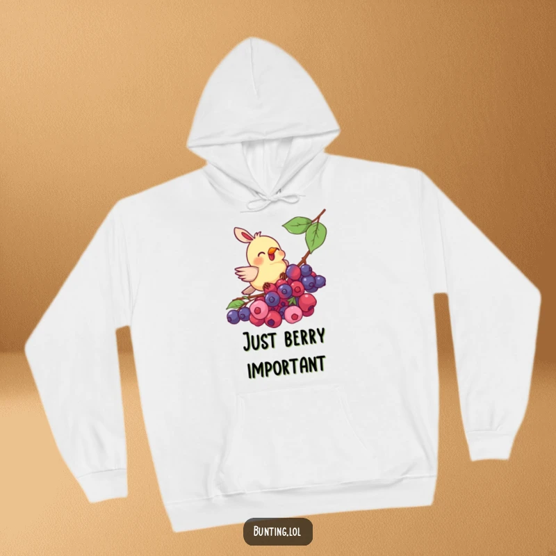 Funny bunting bird hoodie, depicted in the act of enthusiastically pecking at a bountiful cluster of juicy berries, radiating pure delight.