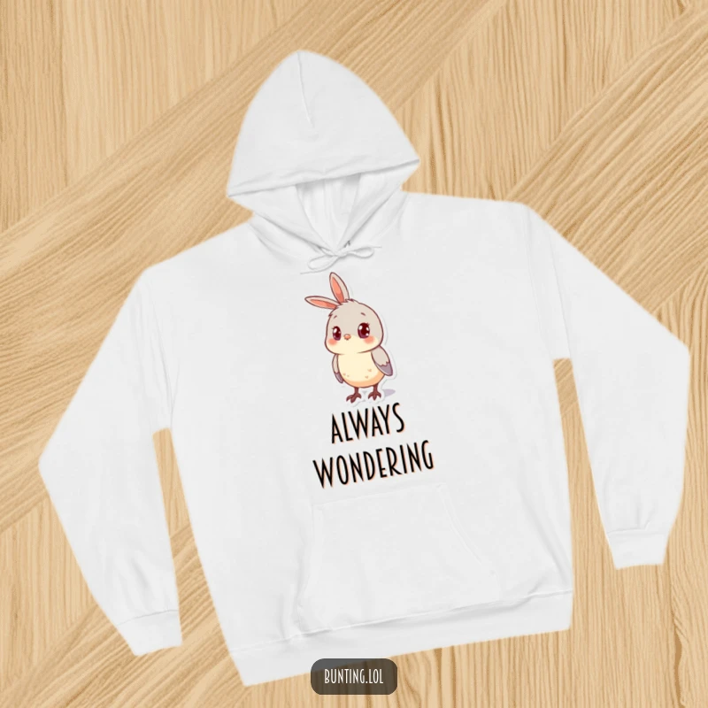 Funny Hoodie showcasing a cute bunting bird looking curious with its head cocked to the side, designed for comfort and thought.