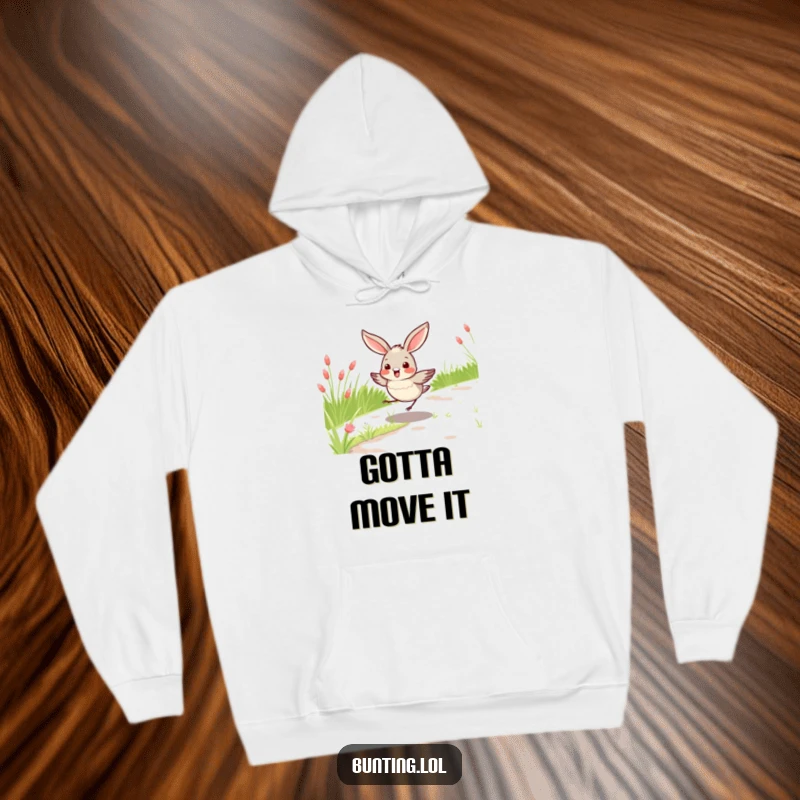 Funny bunting bird hoodie showcasing a bird joyfully hopping on a grassy path, perfect for cozy, playful wear and gift-giving.