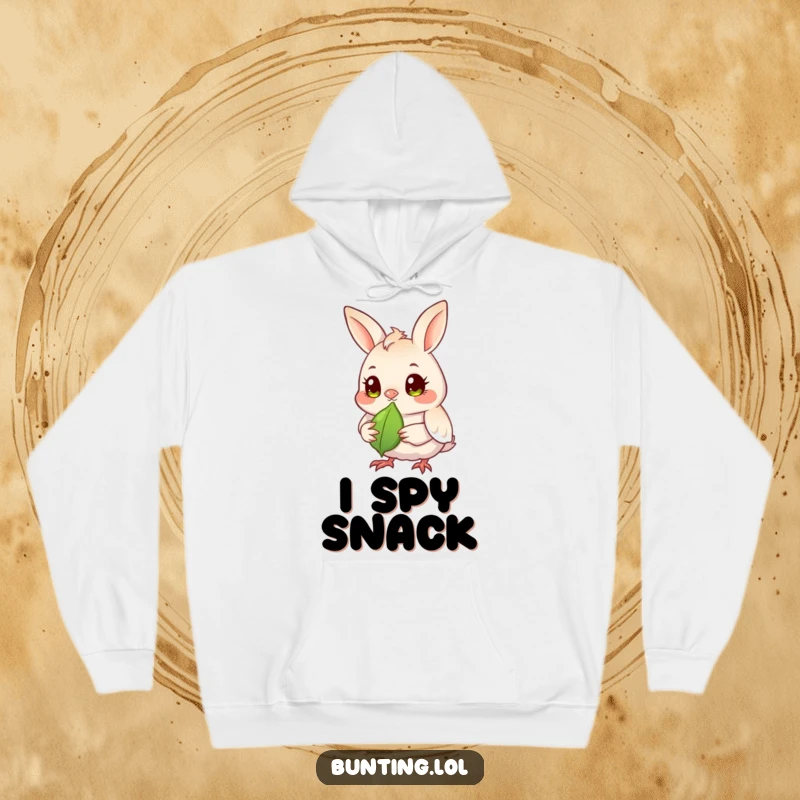 Funny bunting bird hoodie depicting a focused bunting with bright eyes observing a seed, offering warmth and a humorous message.