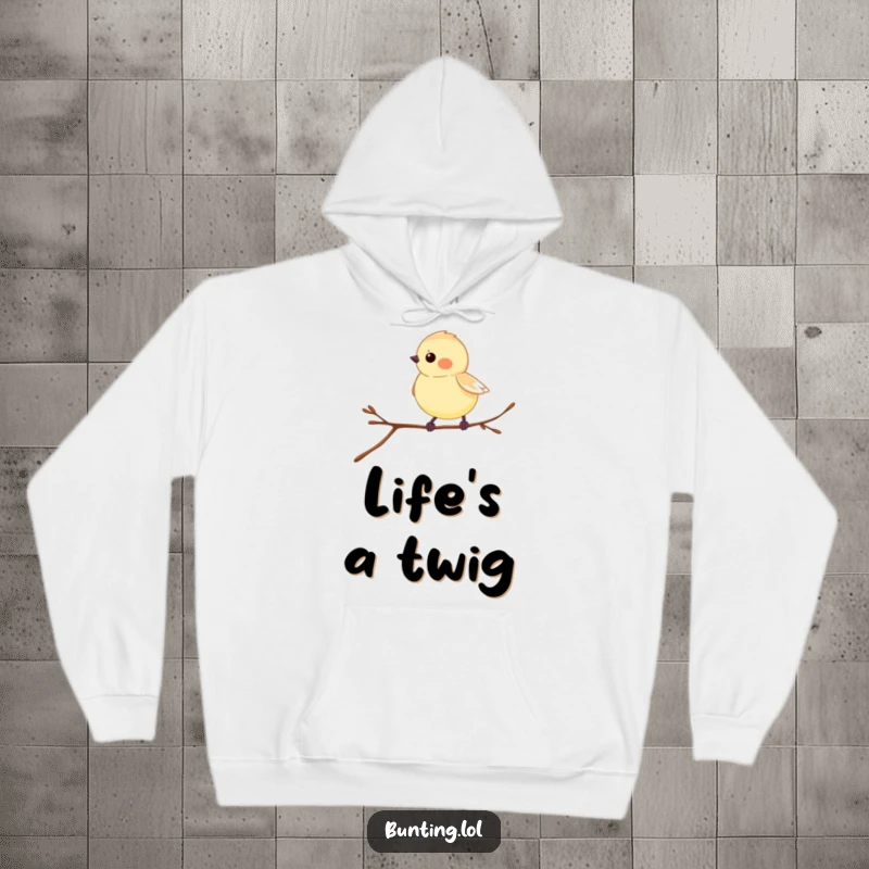 Funny Bunting Hoodie featuring a bird happily hopping on a twig, providing warmth and humor.