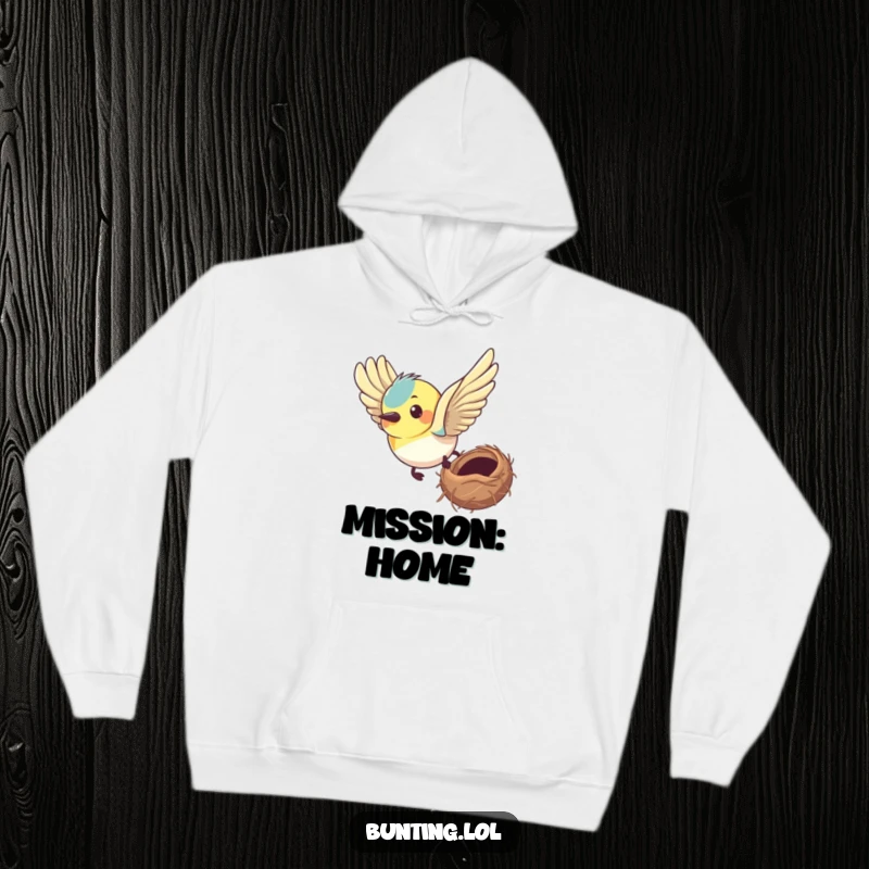 Funny bunting hoodie depicting a bird with a determined expression flying towards its nest, symbolizing focus and ambition.