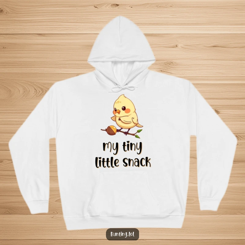 Funny Bunting Hoodie featuring a cute bird playfully pecking at a seed, ideal for a cozy and humorous funny gift for bird lovers.