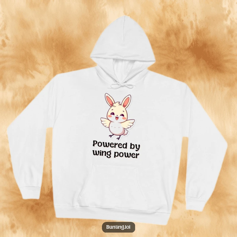 Funny bunting bird hoodie showcasing a character in a happy, energetic wing flutter, embodying pure delight.