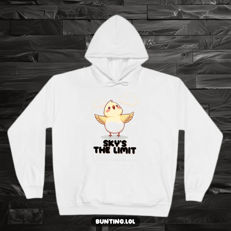 Funny Hoodie featuring a bunting bird's joyful expression while looking at clouds, perfect for cozy contemplation and smiles.