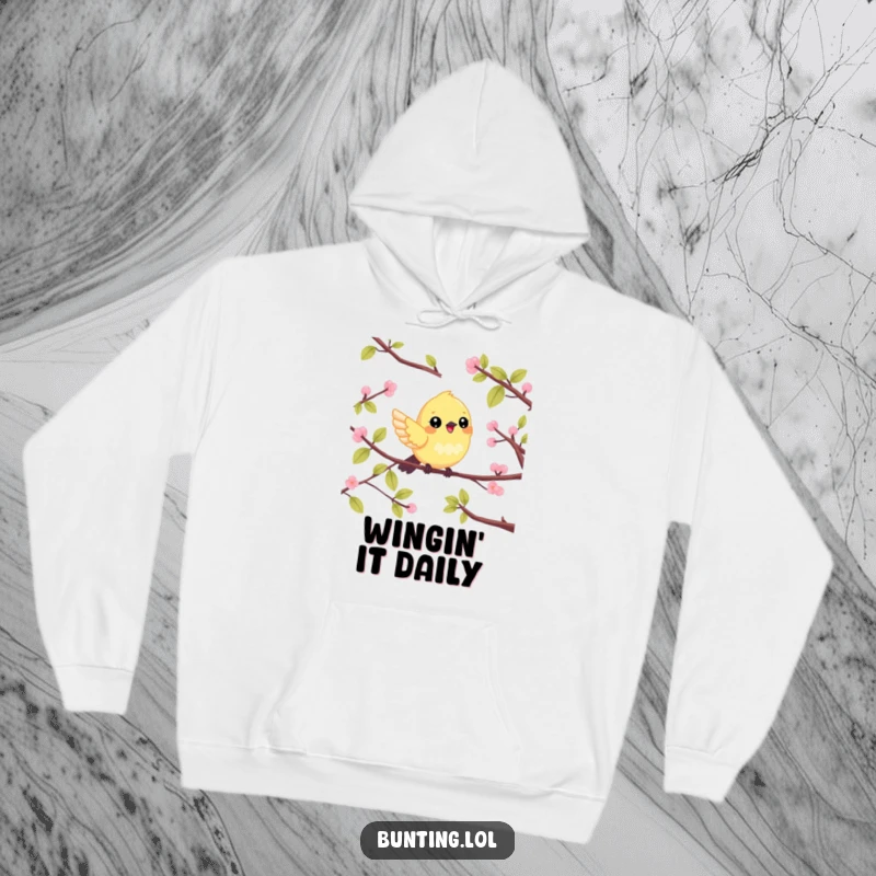 Funny Hoodie showcasing a cute bunting bird cheerfully flitting between branches, designed for comfort and bird-themed fun.