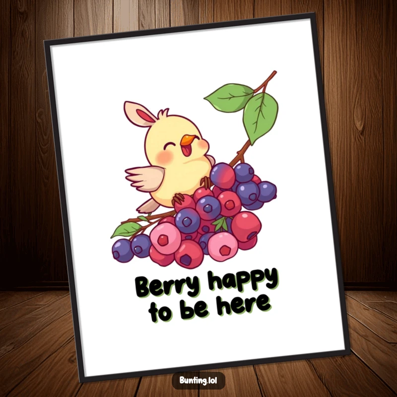 Funny Free Printable Bunting Wall Art: Adorable bird with beak deep in berries, enjoying a delightful feast.
