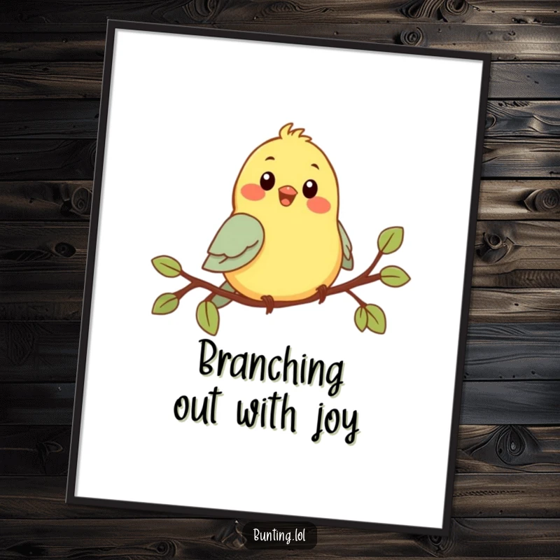 Funny Free Printable Wall Art featuring a cute bunting character joyfully chirping on a branch, adding a splash of color.
