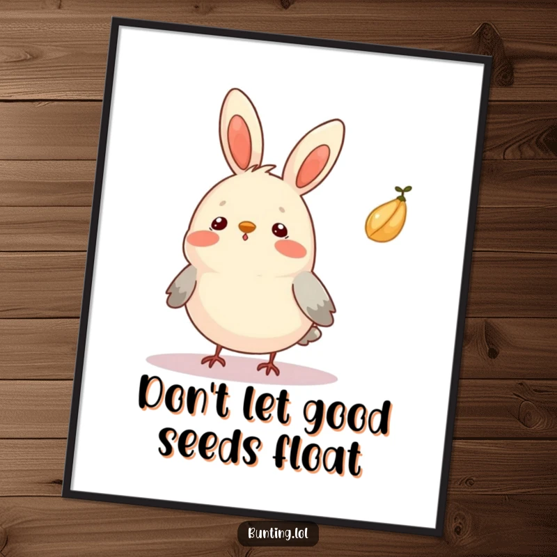 Funny Free Printable Wall Art: A bunting's eyes widen in comical surprise as a tiny seed drifts near.