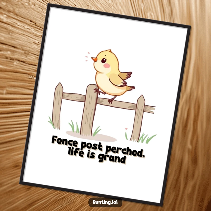 Funny Free Printable Wall Art depicting a lively bird hopping energetically on a fence post, bringing cheer.