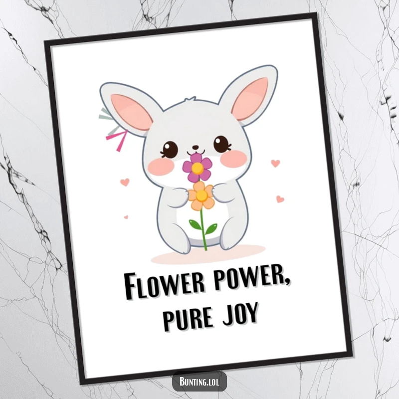 Funny Free Printable Wall Art: Smiling bunting holds out a small, colorful flower. Whimsical, downloadable art for a cheerful vibe.
