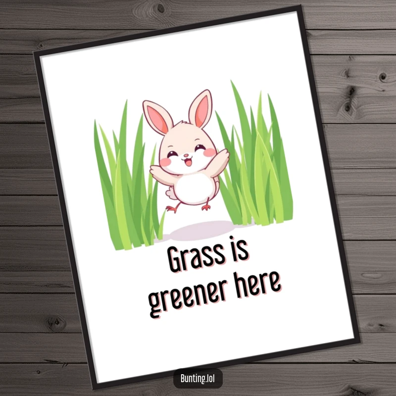 Funny Free Printable Wall Art of a cute bunting character joyfully hopping among tall blades of grass, full of life.