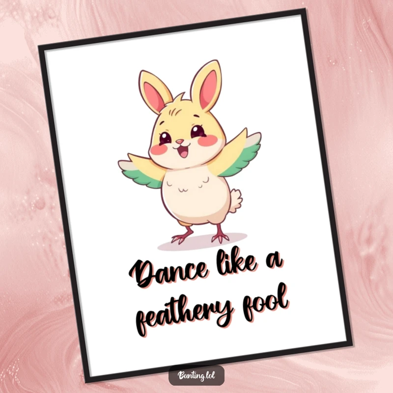 Funny Free Printable Wall Art of a playful bunting character doing a happy, silly dance. A vibrant downloadable art piece.