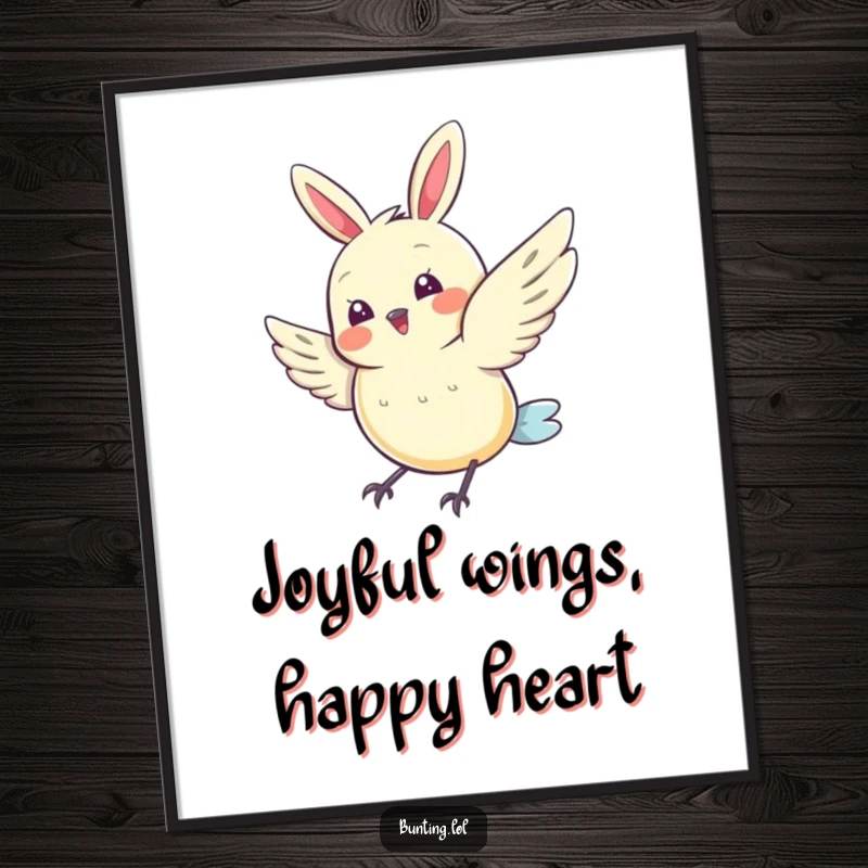 Funny Free Printable Wall Art of a cute bunting character doing a joyful flutter of its wings. A cheerful downloadable art.