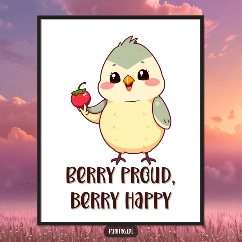 Funny Free Printable Wall Art of a bunting character proudly holding a tiny berry. A charming downloadable art piece.