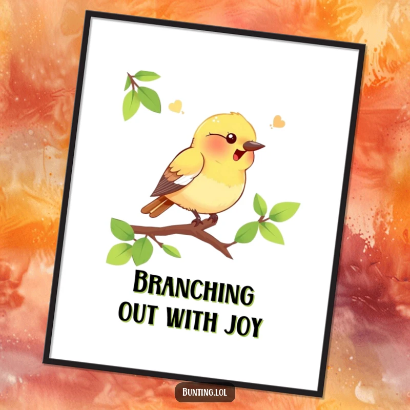 Funny free printable wall art of a cute bunting bird singing merrily on a branch, ideal for humorous downloadable art.