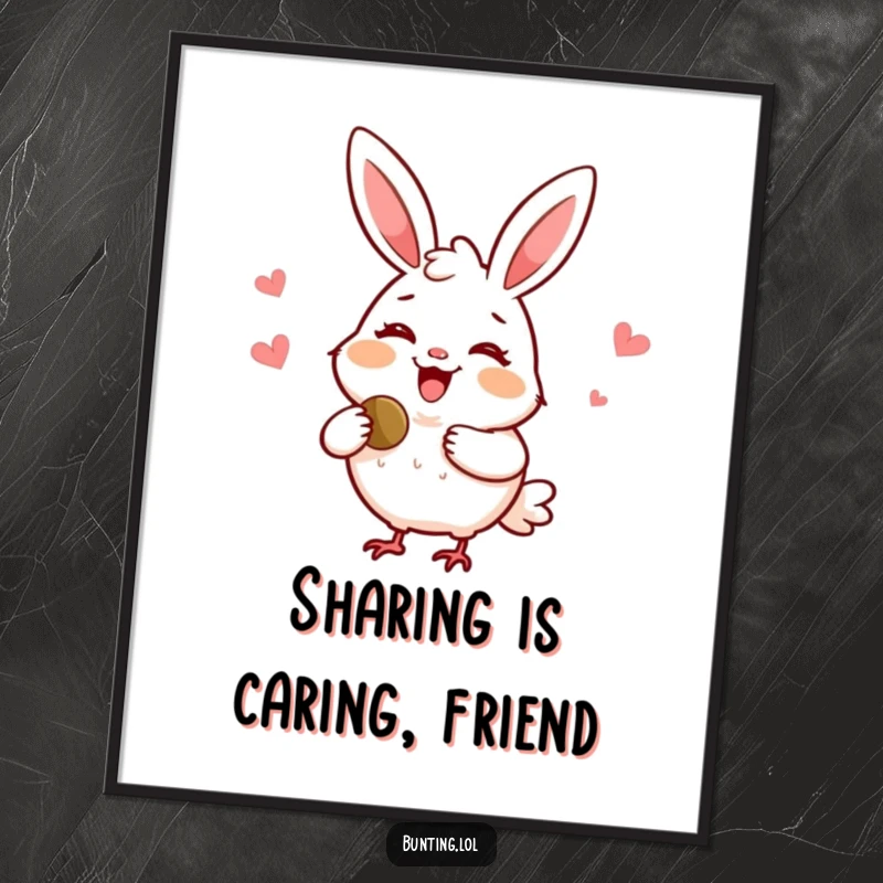 Funny Free Printable Wall Art: A delighted bunting character smiles warmly while sharing a tasty seed with generosity.