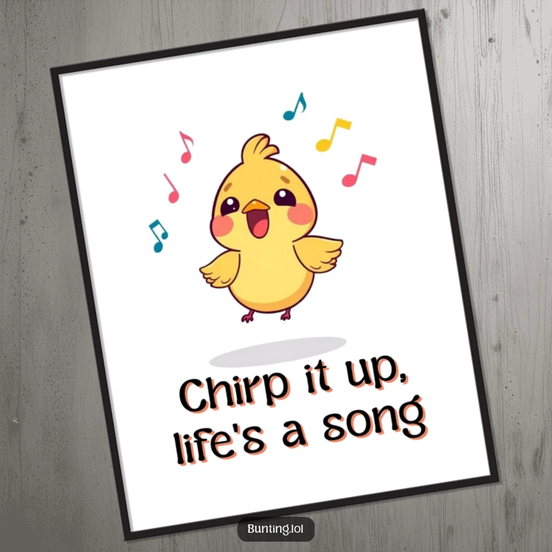 Funny Free Printable Wall Art: A small, vibrant bird character enthusiastically singing with musical notes, perfect for cheerful room decor.