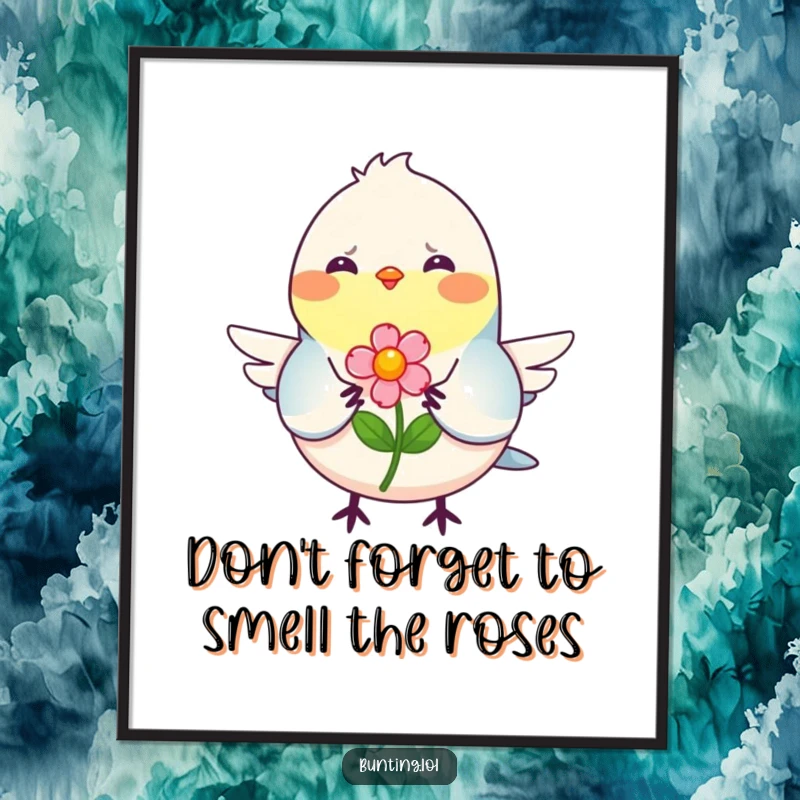 Free Printable Wall Art: A charming bunting bird with a big smile offers a bright flower, bringing happiness to your walls.