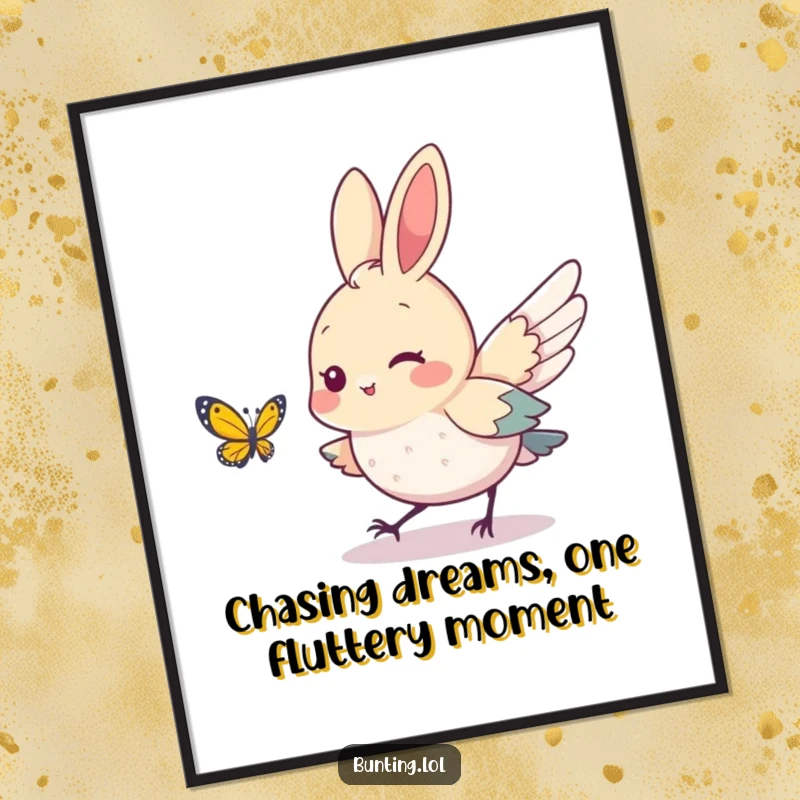 Funny Free Printable Wall Art: A cute bunting bird playfully chasing a small butterfly, whimsical and charming decor.