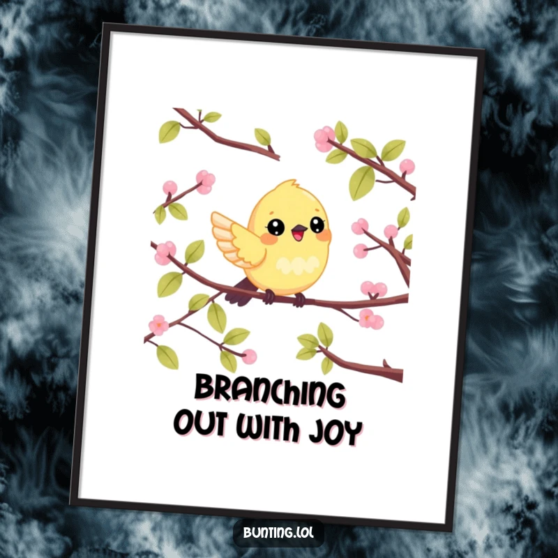 Funny Free Printable Wall Art: A cute bunting character flitting cheerfully between branches, creating a dynamic and joyful downloadable piece.