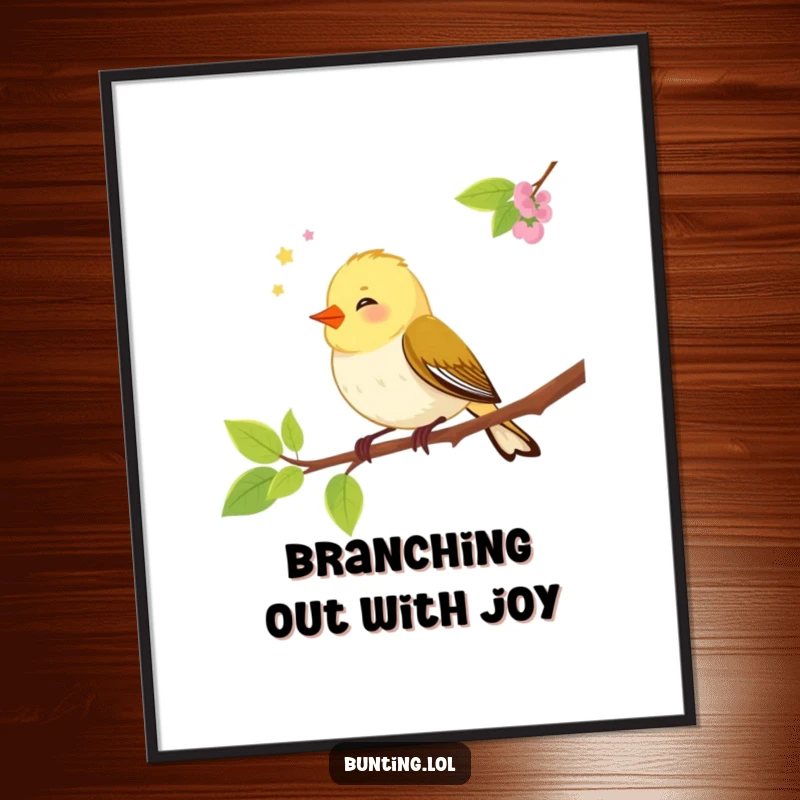 Funny Free Printable Wall Art: A cute bunting bird chirps merrily while perched on a branch, bringing cheerful vibes. Downloadable decor.