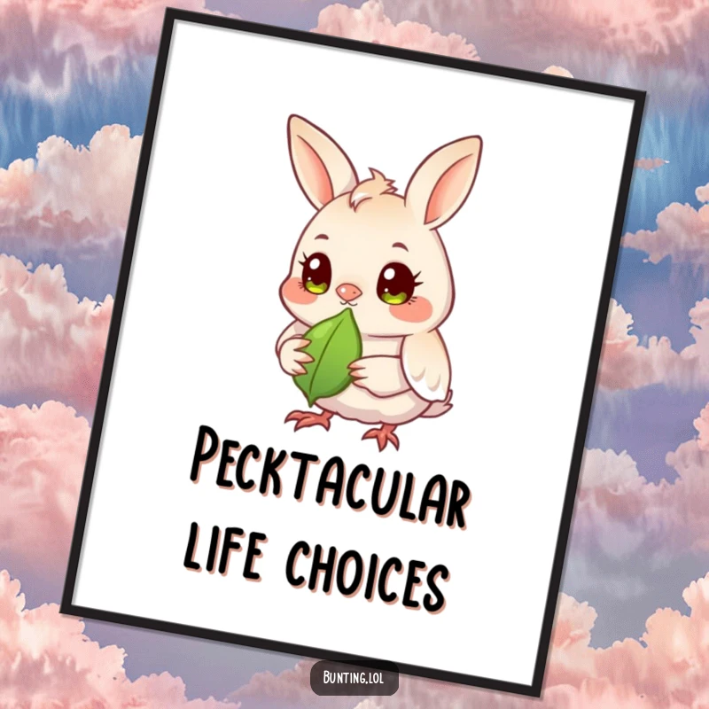 Funny Free Printable Wall Art: A bunting bird with bright eyes intently observes a seed, bringing a humorous nature vibe. Downloadable decor.