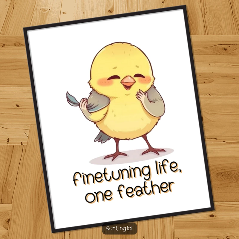 Funny Free Printable Wall Art featuring a bunting meticulously and comically preening its tiniest, most insignificant feather.