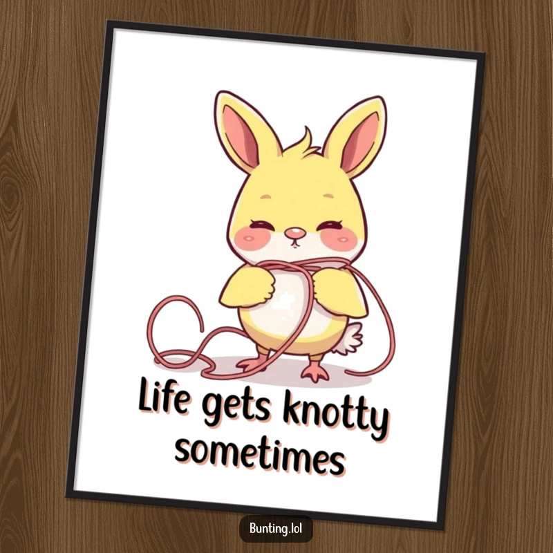 Funny Free Printable Wall Art: A bunting character comically entangled in a messy strand of colorful yarn.