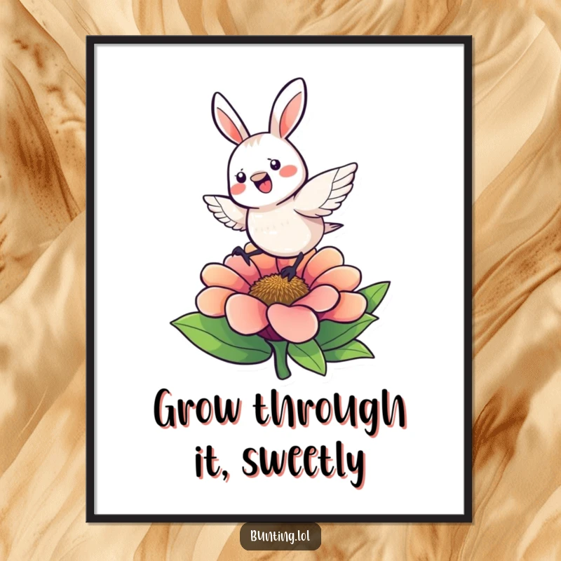 Funny Free Printable Wall Art: Bunting character captured mid-hop on a colorful flower, radiating pure energetic joy.