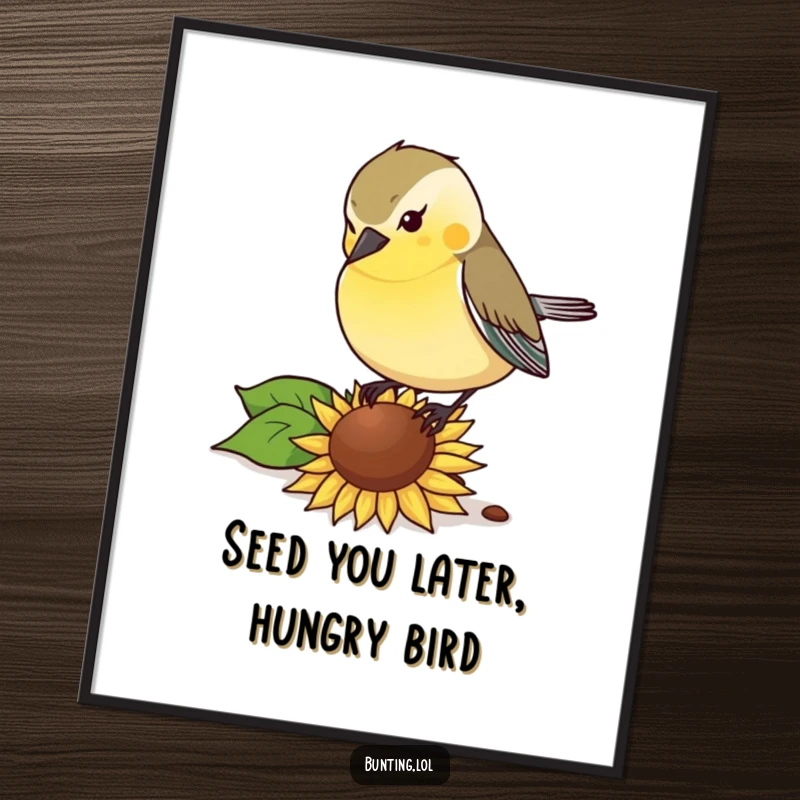Funny Free Printable Wall Art depicting a bunting bird pecking with gusto at a fallen sunflower seed, charmingly.