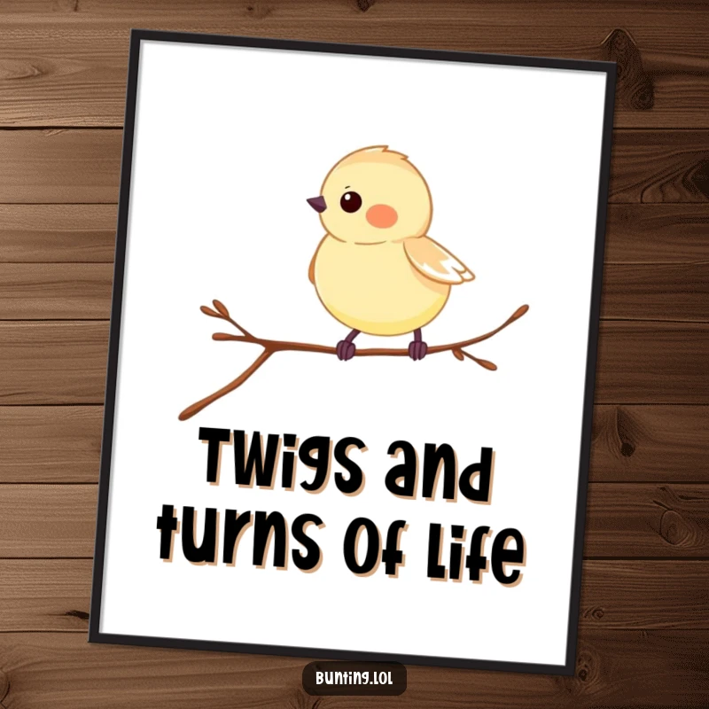 Funny Free Printable Wall Art: A bunting hops energetically on a twig, bringing playful vibes to your room.