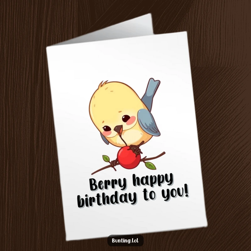 Funny Free Printable Birthday Card featuring a bunting comically pecking at one tiny berry, looking slightly baffled.