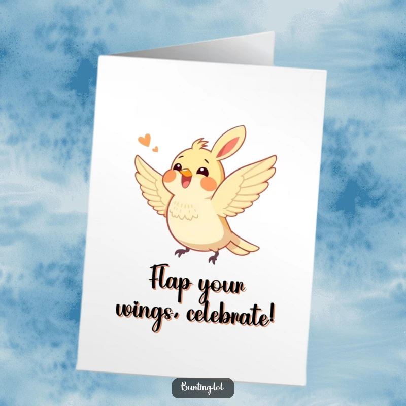 Funny Free Printable Birthday Card: An energetic bunting character excitedly fluttering its wings, full of birthday celebration vibes.