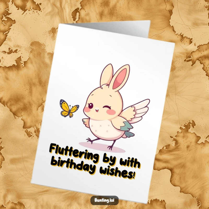 Funny Free Printable Birthday Card: Cute bunting bird playfully chasing a delicate butterfly, a moment of whimsical joy.